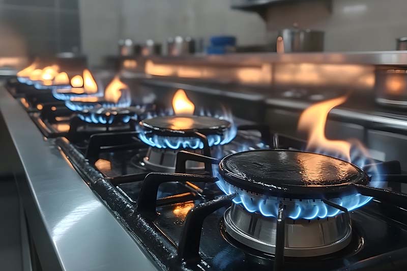 commercial stove with burners on