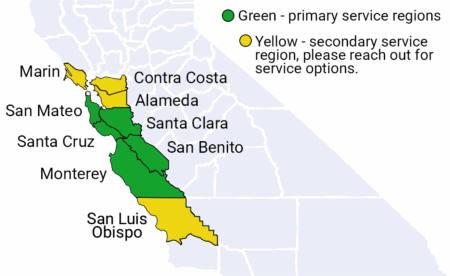 Map of California highlighting the counties of Marin, San Mateo, Santa Cruz, Monterey, San Luis Obispo, Contra Costa, Alameda, Santa Clara and San Benito